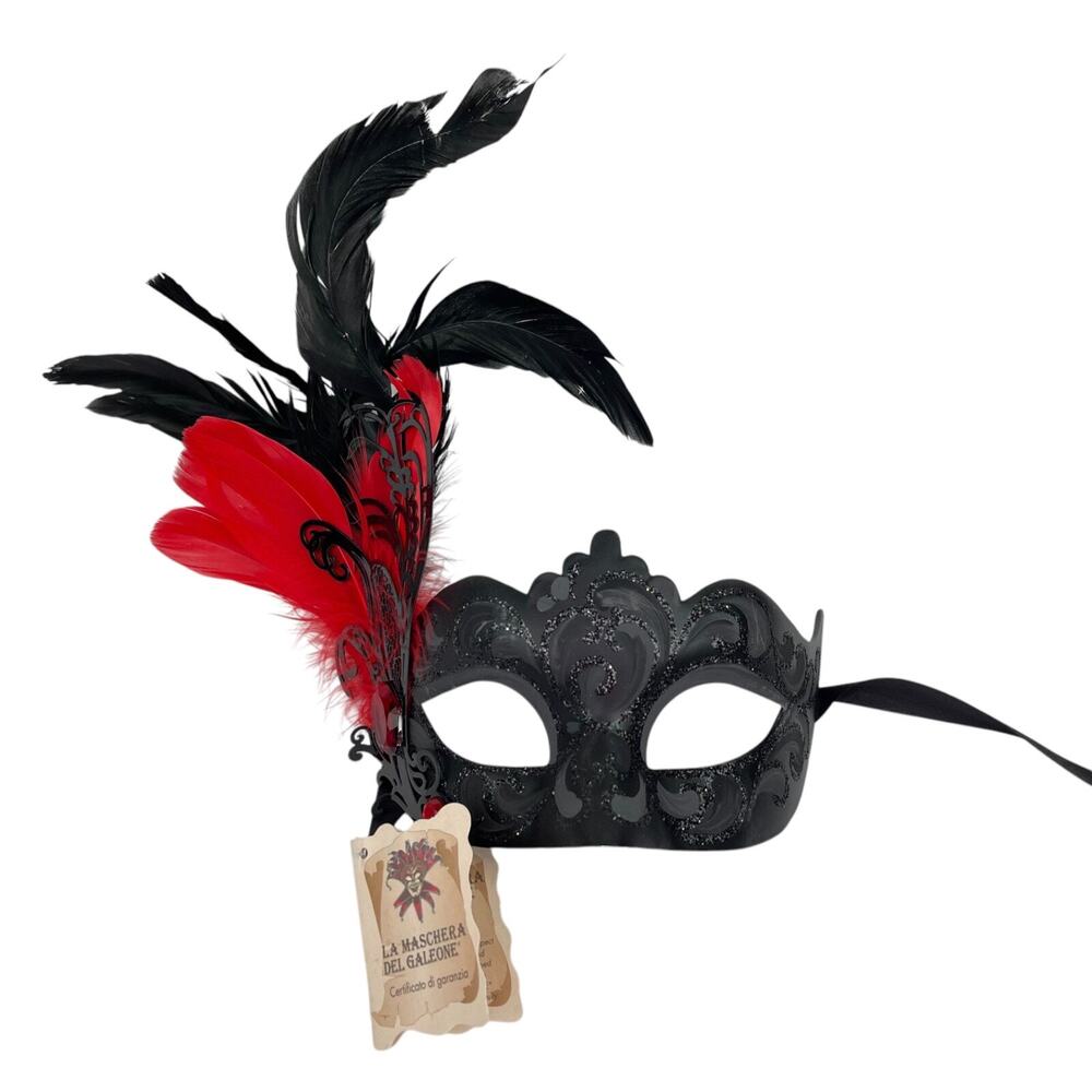 La Maschera Del Galeone Feather Mask Black Red Hand Painted Venetian Masquerade